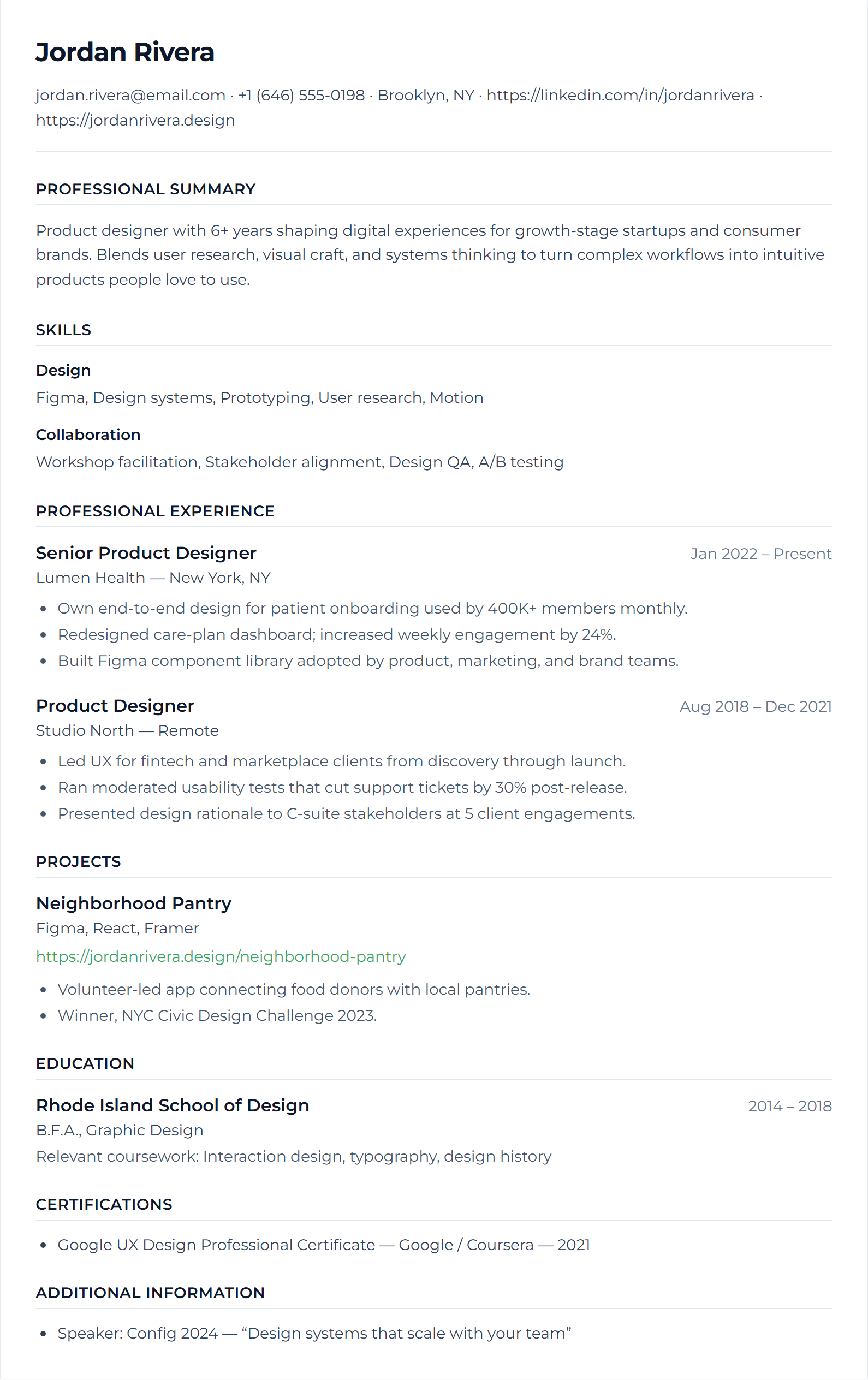 Academic resume template preview for Elena Park, a content strategist
