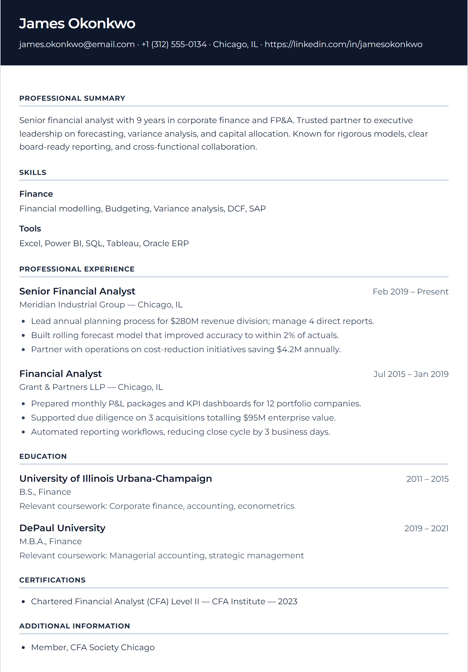 International resume template preview for James Okonkwo, a senior financial analyst