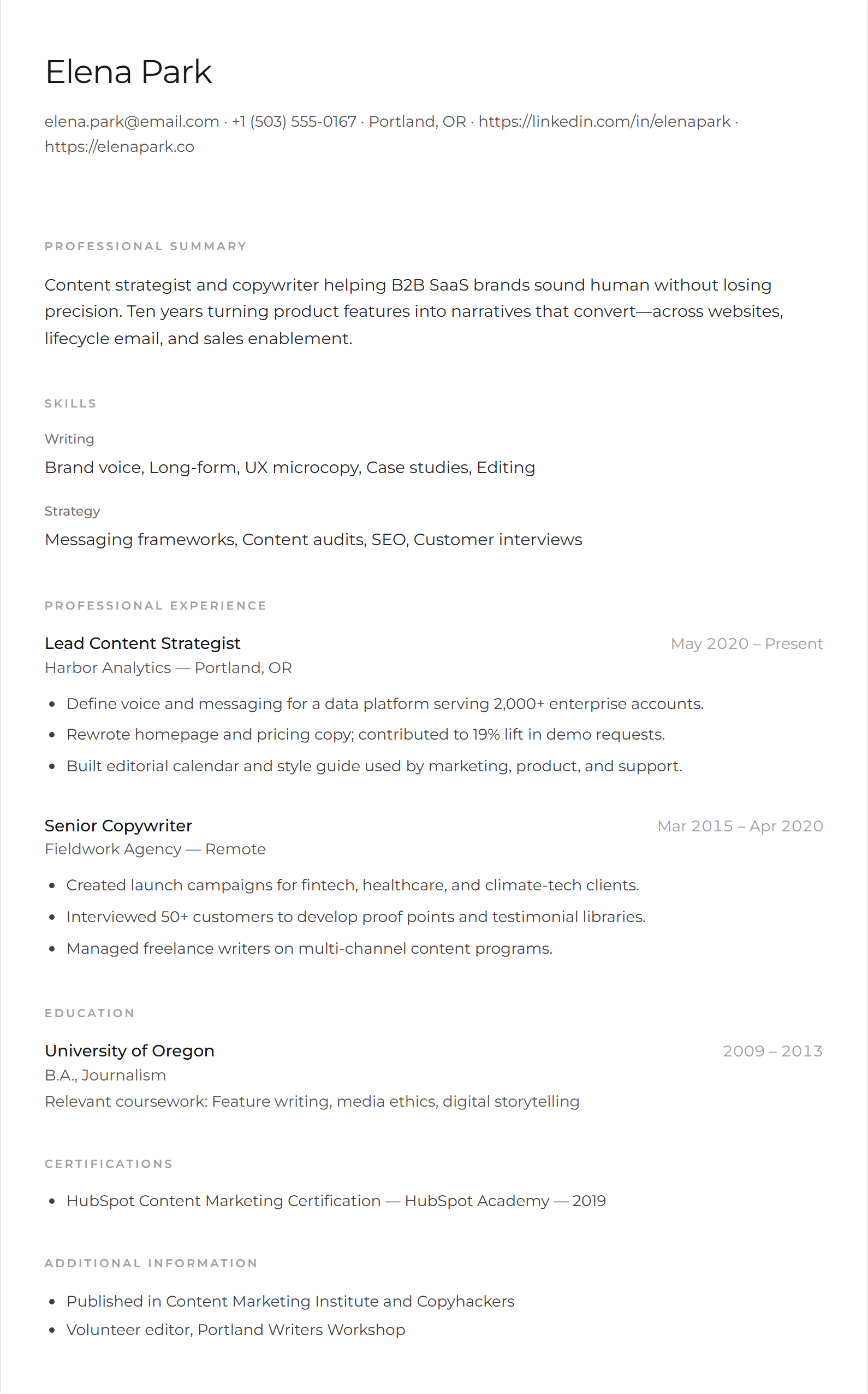 Simple resume template preview for Elena Park, a content strategist