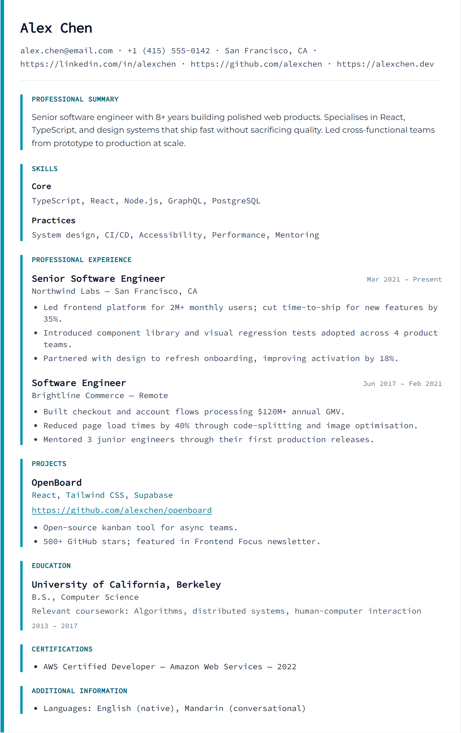 Timeline resume template preview for Alex Chen, a senior software engineer